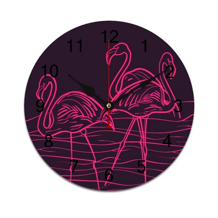 Silent Wall Clock 34cm/13.39in Round Wall Clock Neon Flamingo Hanging Clock for Home Living Room Bedroom Kitchen Non Ticking Battery Operated Living Room Mute Clock