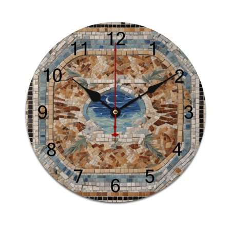 Silent Wall Clock 40cm/15.75in Round Wall Clock Mediterranean Style Mosaic Around Hanging Clock for Home Living Room Bedroom Kitchen Non Ticking Battery Operated Living Room Mute Clock