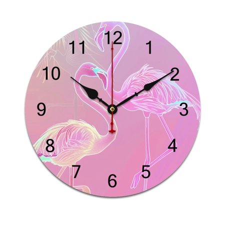 Silent Wall Clock 40cm/15.75in Round Wall Clock Neon Flamingo Hanging Clock for Home Living Room Bedroom Kitchen Non Ticking Battery Operated Living Room Mute Clock