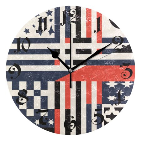 Silent Wall Clock American Flag Stars 10 Non-Ticking Battery Clock Rustic Retro Home Decorative for Living Room Kitchen Bathroom