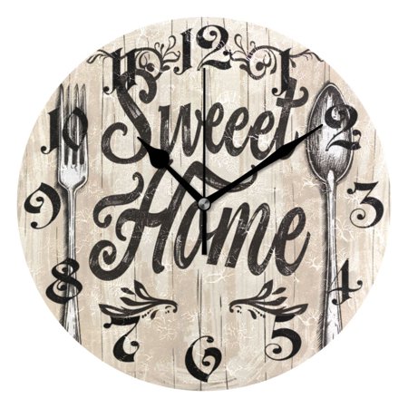 Silent Wall Clock Art Sweet Home on Wood 10 Non-Ticking Battery Clock Rustic Retro Home Decorative for Living Room Kitchen Bathroom