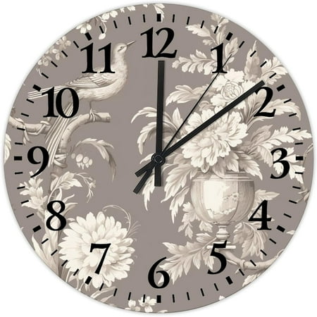 Silent Wall Clock Silent Non-Ticking Large Numbers Tan French Country Toile Floral Birds Decorative Wall Clocks Robin Hummingbird Cardinal Wooden Wall Decor For Restroom Bathroom Above Fireplace 12