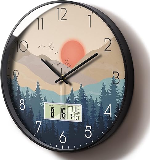 Silent Wall Clock with Day Week Temperature Wilderness with Sunset Non-ticking Battery Operated Large Digital Modern Clocks Display with Calendar and Date for Kitchen Farmhouse Bathroom Office 12 Inch