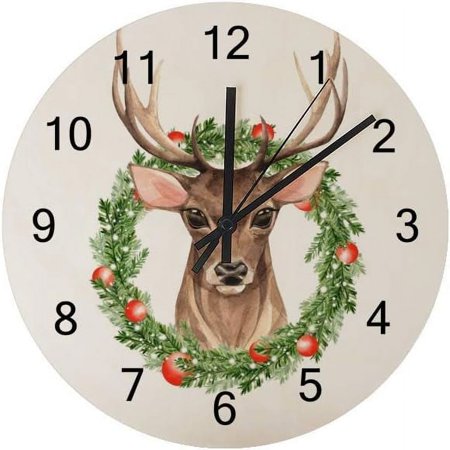 Silent Wooden Round Wall Clock Noble Deer Non Ticking Battery Operated Clocks for Home Office Living Room Bedroom