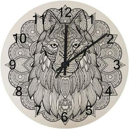 Silent Wooden Round Wall Clock Wolf Head Black Lines On White Non Ticking Battery Operated Clocks for Home Office Living Room Bedroom