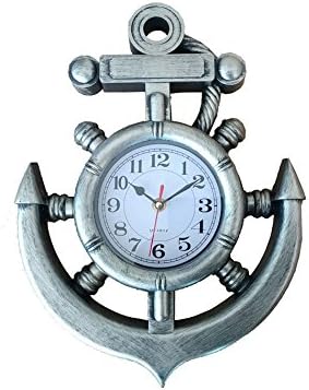 Silver Ship Wheel and Anchor Wall Clock 15 - Nautical Clock - Nautical Theme