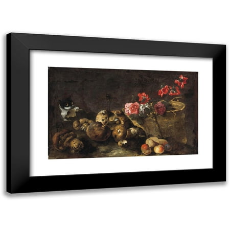 Simone Del Tintore 24x16 Black Modern Framed Museum Art Print Titled - Still Life with Mushrooms, Fruit, a Basket of Flowers and a Cat