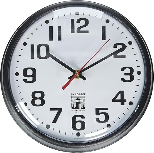 Skilcraft 6645-01-557-3153 Self-Set Wall Clock, Plastic Slimline Frame, 9-1/4" Diameter, Black Case/White Face