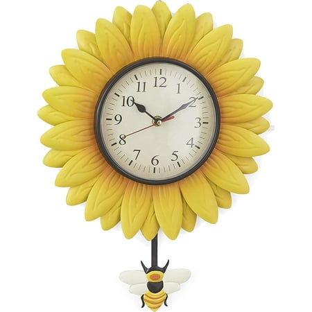 SkyMall Sunflower Silent Wall Clock, Battery Operated Pendulum Analog Wall Clock with Bee Design