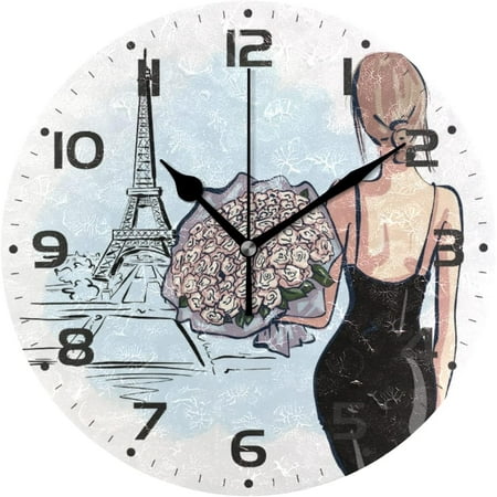 SKYSONIC Paris Eiffel Tower Stylish Girl Wall Clock 10 Inch Silent Non Ticking Round Clock Oil Painting Clock Easy to Read Clock for Living Room Bedroom Bathroom Home Decor