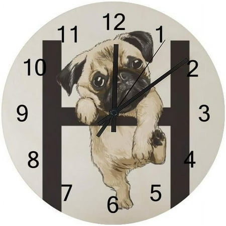 SKYSONIC Silent Wooden Round Wall Clock Funny Pug Hanging On Alphabet Non Ticking Battery Operated Clocks for Home Office Living Room Bedroom