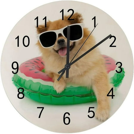 SKYSONIC Silent Wooden Round Wall Clock Pomeranian Dog Inside of an Watermelon Inflatable Non Ticking Battery Operated Clocks for Home Office Living Room Bedroom