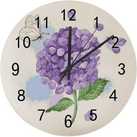 SKYSONIC Silent Wooden Round Wall Clock Purple Hydrangea Flower Non Ticking Battery Operated Clocks for Home Office Living Room Bedroom