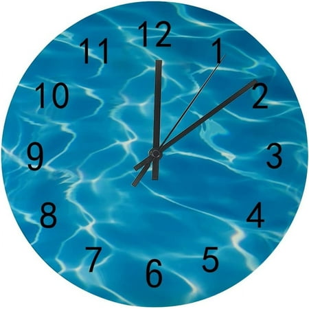 SKYSONIC Wooden Round Wall Clock Clear Pool Water Reflecting in The Sun Non Ticking Battery Operated Clocks for Home Office Living Room Bedroom