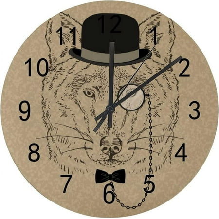 SKYSONIC Wooden Round Wall Clock Wolf Portrait in Retro Style Non Ticking Battery Operated Clocks for Home Office Living Room Bedroom