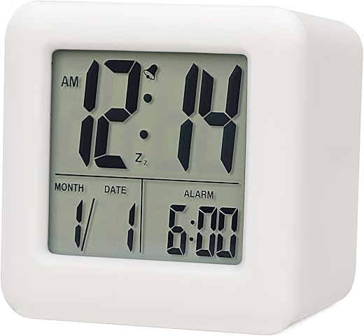 Small Digital Alarm Clocks for Bedrooms - Equipped with Intelligent Low Light Night Light and Snooze Protective and Shock-Proof Silicone Cover Battery Powered (White)