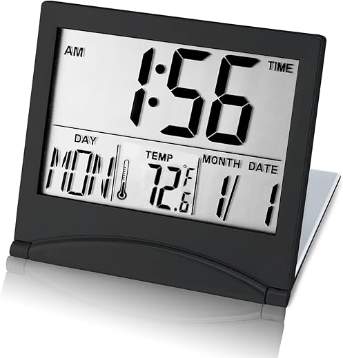 Small Digital Travel Alarm Clock Battery Operated, Portable Large Number Display Alarm Clock with Date & Temperature,12/24 H Small Desk Clock-Black(No Light)