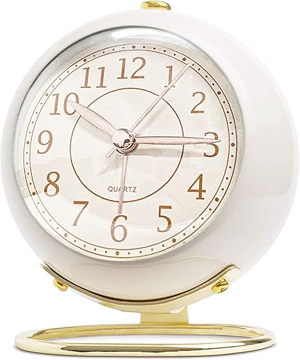 Small Table Clocks, Classic Silent Non-Ticking Tabletop Kids Room Analog Alarm Clock Battery Operated Desk Clock with Backlight HD Glass for Bedroom Living Room Kitchen Indoor Decor (White)