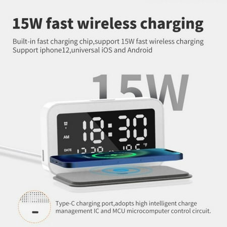 Smart Digital Alarm Clocks 15W Wireless Fast Charge For IPhone Huawei - Night Light Phone Charger Digital Thermometer