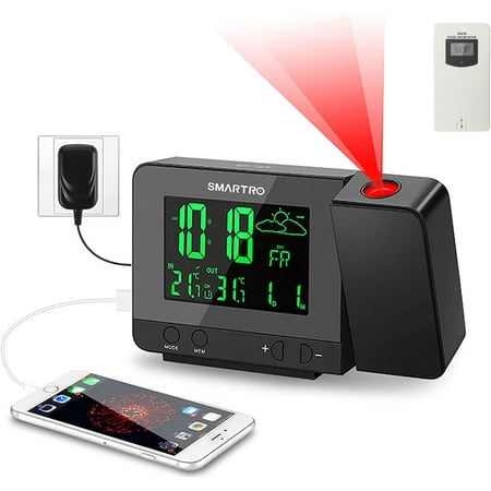 SMARTRO SC31B Digital Projection Alarm Clock with Indoor Outdoor Thermometer, Black