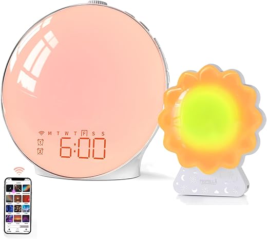 Smart Sunrise Alarm Clock with App Control for Kids Adults, Portable Sound Machine and Night Light for Baby