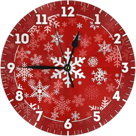 Snowflakes Pattern In Red Wall Clock - 10 Inch Silent Non-Ticking Wall Clocks -Country Retro Rustic Style Decorative For Living Room Kitchen Home Bathroom Bedroom