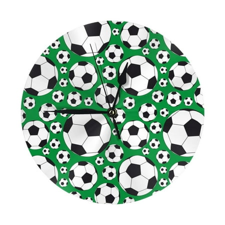 soccer balls green print Wall Clock Silent Non Ticking - 10 Inch Battery Operated Modern Clocks for Living Room Bedroom Kitchen Bathroom Office Classroom, Decorative Clocks