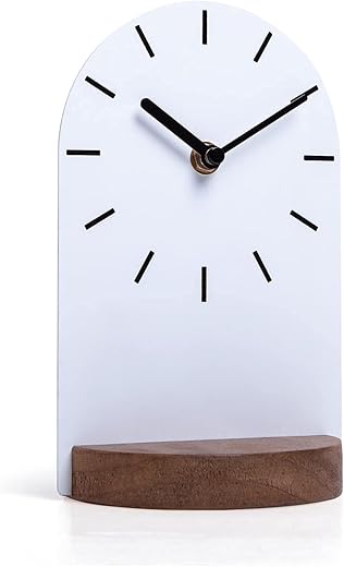 SOFFEE DESIGN One-Piece Table Clock Iron Sheet with Wooden Base Ins Style, Desktop Clock Non Ticking Battery Operated for Living Room Bedroom Home Decor, White