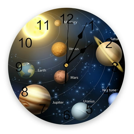 Solar System Planet Around The Sun Rotating Label Round Wall Clock for Home r Living Room No Ticking Sound Modern Wall Clock