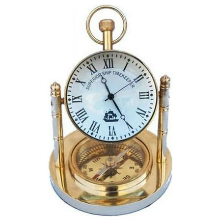 Solid Brass Clock with Compass- 5 in.