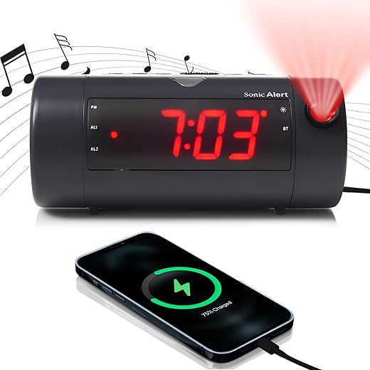 Sonic Blast Digital Alarm Clock – Alarm Clock for Heavy Sleepers – Projection Alarm Clock – Android & iOS Compatible - Bluetooth Speaker, USB Port – AUX Compatible