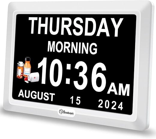 Soobest Digital Dementia Alarm Clock Large Display Day Clock for Seniors with 12 Reminders for Elderly Calendar Desk Clock with Date for Gift 8 Language for Bedroom 7" Screen Adapter Included