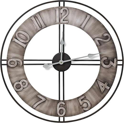 Sorbus Large Wall Clock, 24" Decorative for Kitchen, Bedrooms, Office, Analog Modern Farmhouse Style. Silent, Round Chunky Number, Home Decor, Quartz Battery Operated, Gray Metal