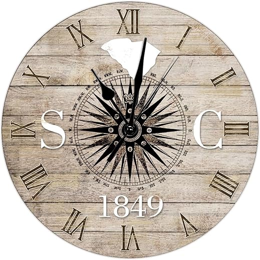 South Carolina Compass Map Art Clock Battery Operated Silent Wooden Wall Clocks Established in 1849 Rustic USA States Wall Clocks Tuscan Country Style 15inch Round Clock for Kitchen Office