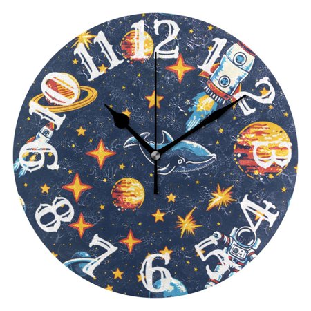 Space Stars Astronauts Fish 10 inch Wall Clocks Non Ticking Easy to Read Battery Decorative for Home Bathroom Kitchen Bedroom Living Room