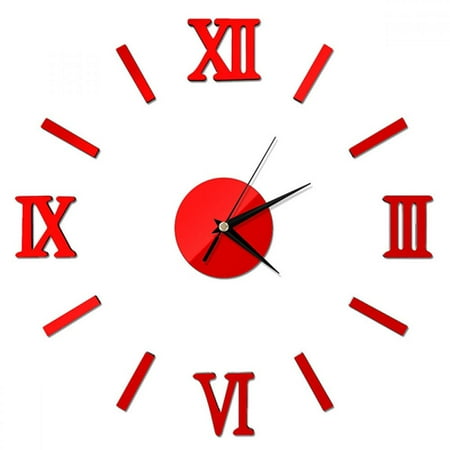 Spdoo Large 3D DIY Wall Clock Giant Roman Numerals Clock Frameless Mirror Big Wall Clock Home Decoration For Home Living Room Bedroom Wall Decorations Clock Stickers Red