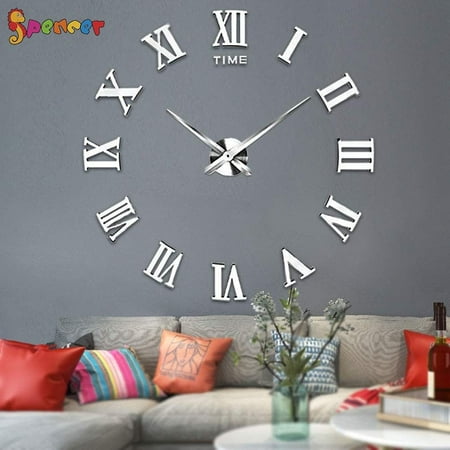 Spencer DIY Frameless Wall Clock, Modern Roman Numerals 3D Mirror Stickers Wall Clock Home Decor for Living Room Bedroom Silver