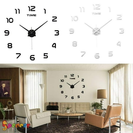 Spencer Frameless Wall Clock, Large Modern 3D Mirror Wall Clock Mute DIY Wall Stickers For Living Room Bedroom Home Decoration Black