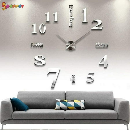 Spencer Large 3D Frameless Wall Clock Stickers Modern DIY Mirror Wall Clock Decoration for Living Room Bedroom Home Office Silver