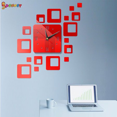 Spencer Modern DIY 3D Frameless Large Wall Clock Combination Mirror Surface Sticker Art Design Home Decor Red