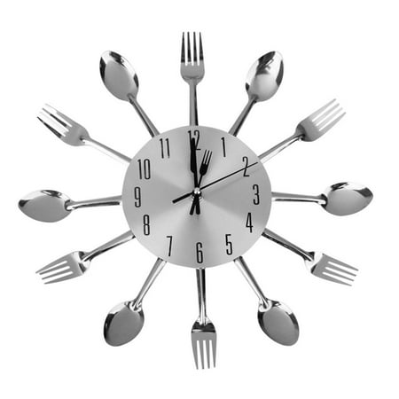 Spoon Fork Wall Clock for Kitchen Dining Room Decoration (Silver)