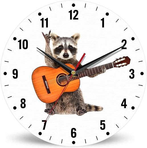 SPUNKER Clock for Bedroom,Funny Raccoon Kitchen Wall Clock,Acoustic Guitar Rock Clocks 10 Inch Silent Non-Ticking Wall Battery Operated for Living Room Bedroom Bathroom Laundry Room Decor