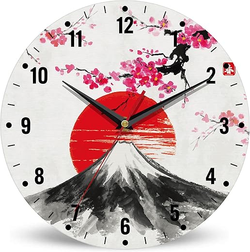 SPUNKER Clock for Bedroom,Japan Cherry Blossoms Kitchen Wall Clock,Sun Mt. Fuji Clocks 10 Inch Silent Non-Ticking Wall Battery Operated for Living Room Bedroom Bathroom Laundry Room Decor