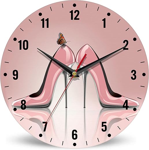 SPUNKER Clock for Bedroom,Pink High Heel Shoes Wall Clocks,Butterfly Battery Operated Wall Clock Silent Non-Ticking Decorative for Home Kitchen Bathroom Living Room Bedroom Office 10 Inch