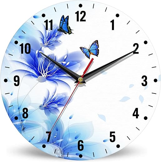 SPUNKER Clocks for Living Room,Blue Butterfly 10 Inch Wall Clock,Lily Flower Small Battery Operated Wall Clocks Decorative for Kitchen/Living Room/Bedroom/Bathroom/Dining Room