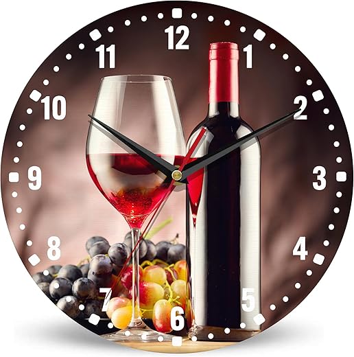 SPUNKER Wall Clock,Red Wine Grapes Wall Clocks for Living Room Decor,Glass Fruit Kitchen Clocks Wall Battery Operated - 10 Inch Round Bathroom Wall Clock Silent Non-Ticking