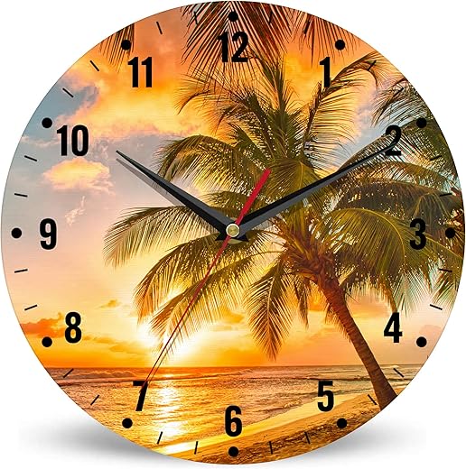 SPUNKER Wall Clocks,Palm Trees Sunset 10 Inch Wall Clock,Sea Beach Small Battery Operated Wall Clocks Decorative for Kitchen/Living Room/Bedroom/Bathroom/Dining Room