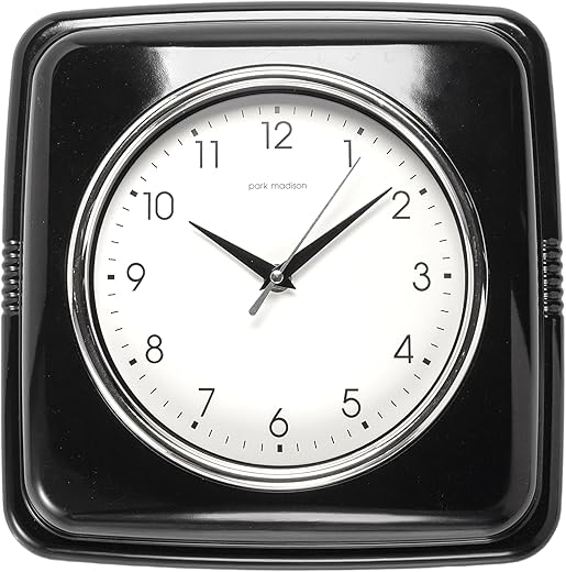 Square Silent Retro 11 inch Mid Century Modern Kitchen Diner Retro Wall Clock Silent Quartz Movement, Black