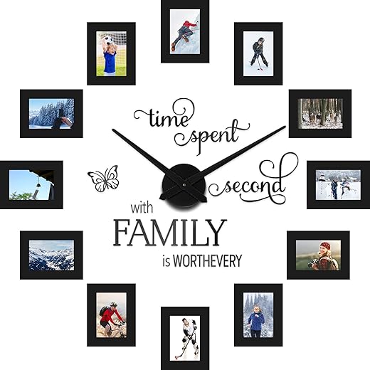 Sratte 3D Large Collage Photo DIY Wall Clock, 5 Inch Paper Photo Frame DIY Clock Modern Decor Family Quote Wall Stickers Clock Kit for Home Living Room Bedroom Office Decorations (Black)