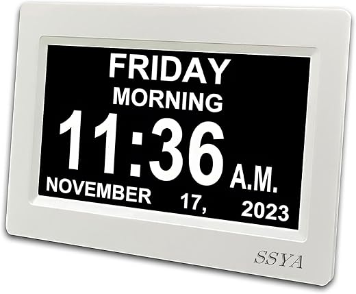 SSYA Digital Calendar Alarm Clock - Dementia Clocks for Vision Impaired, Elderly, Memory Loss Clock with Non-Abbreviated Clock with Date and Day (7 inch)